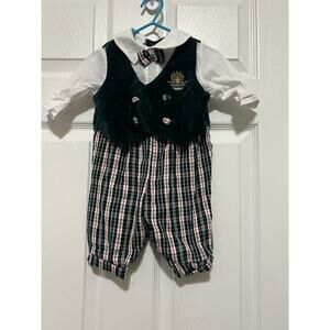 Vintage Baby Boy Green Velvet Vest Checkered Plaid Romper Size z 0-6mo,